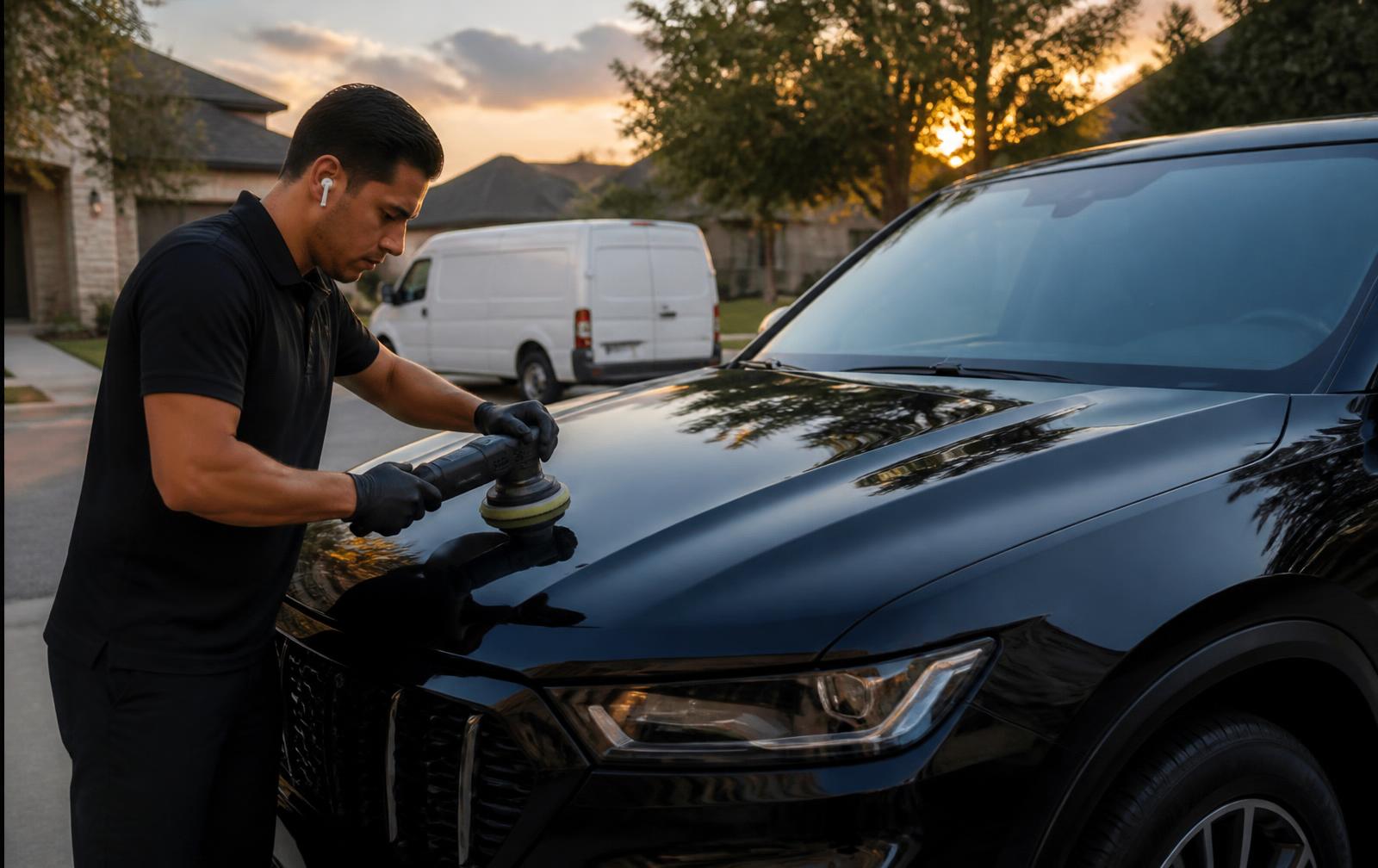 Detailer machine polishing the hood of a black SUV in a Fort Worth driveway at sunset